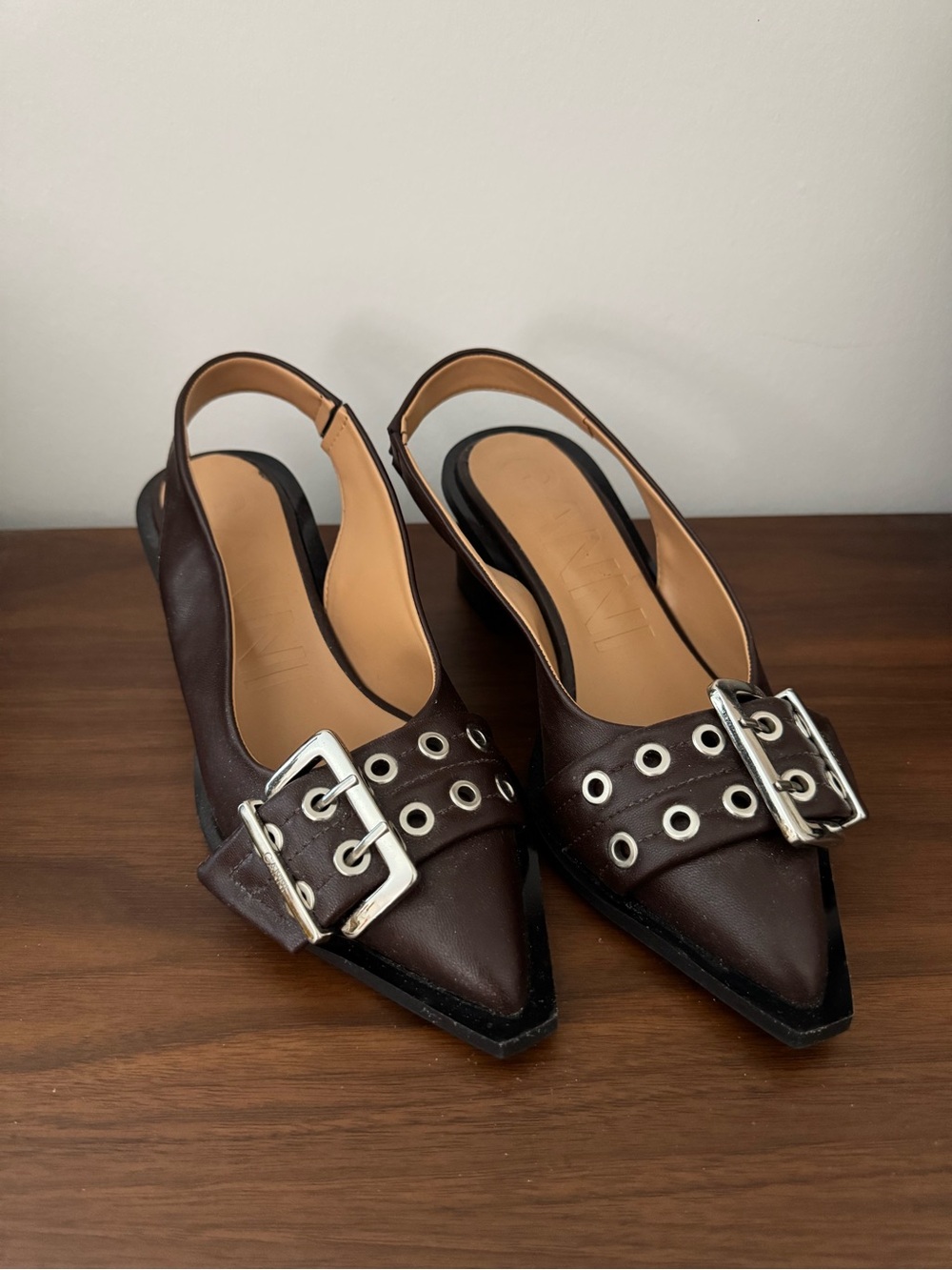 Ganni Dark Brown Buckle Slingback Pumps